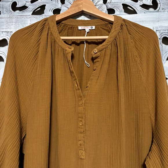 Sundry Dijon Brown Henley Loose Long Sleeve Gauze Cotton Midi Muslin Dress NWOT - Picture 7 of 13
